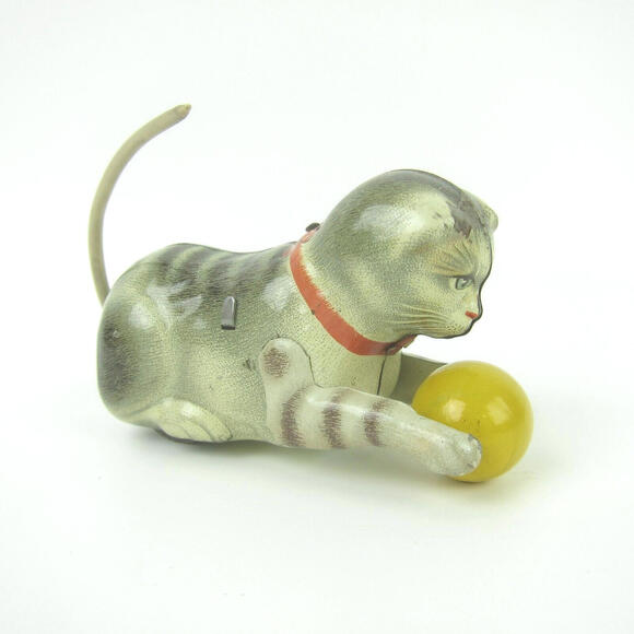 Vintage Wind Up Tin Litho Toy Cat Rolls Ball Kohler US Zone Germany 1940s WORKS!